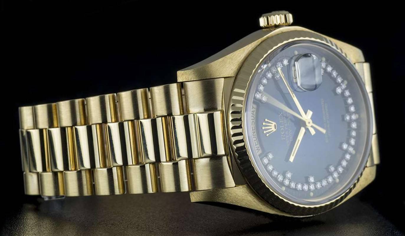 Rolex Gold Blue Vignette String Diamond Dial Day-Date 18038 Automatic Watch In Excellent Condition In London, GB