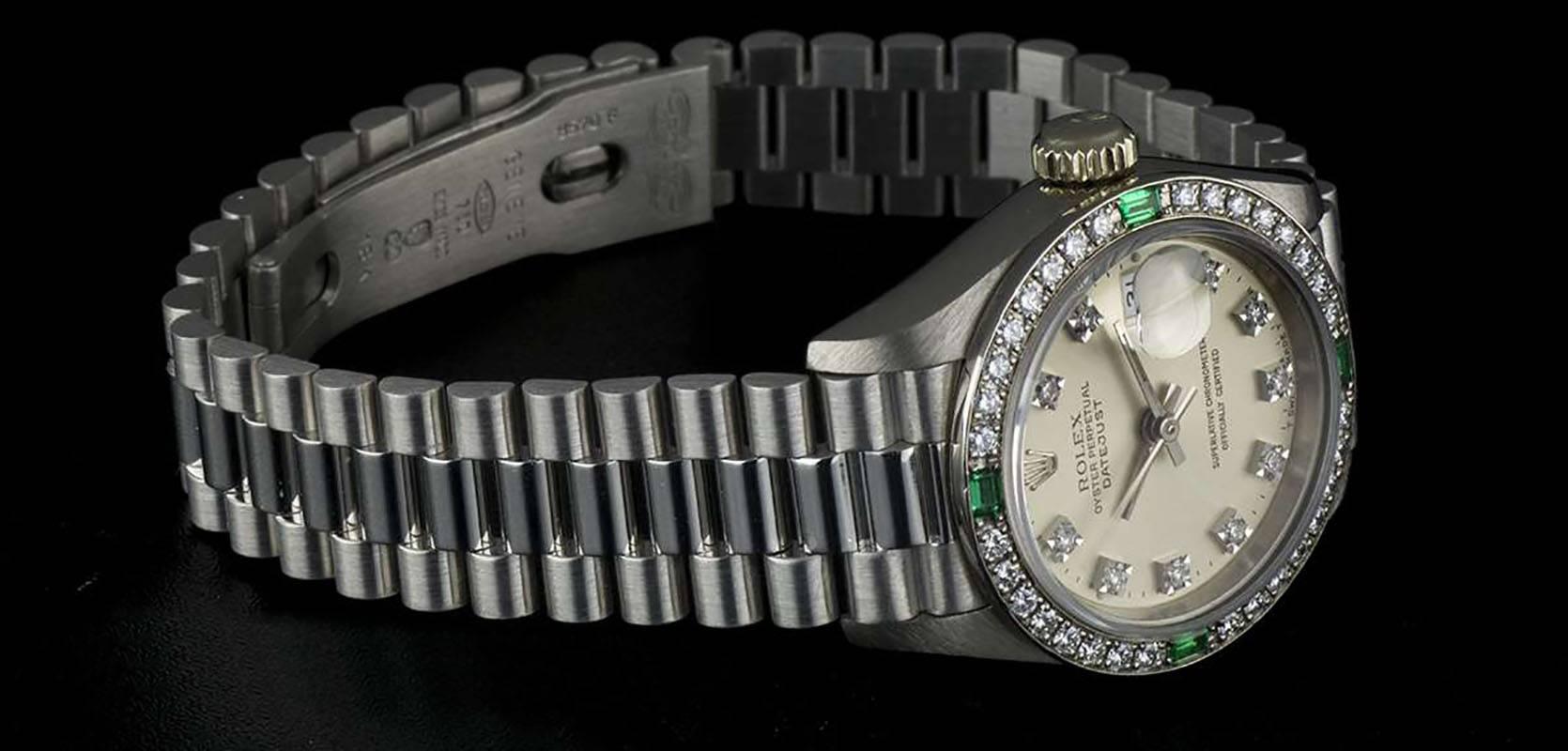 Women's Rolex White Gold Diamond and Emerald Set Datejust 69079 Automatic Ladies Watch