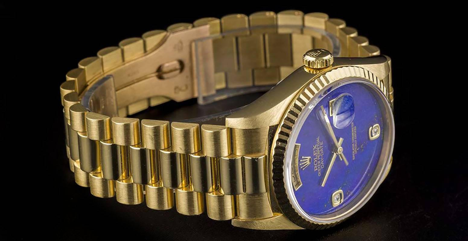 Men's Rolex Gold Rare Lapis Lazuli Diamond Dial Day-Date 18238 Automatic Gents Watch