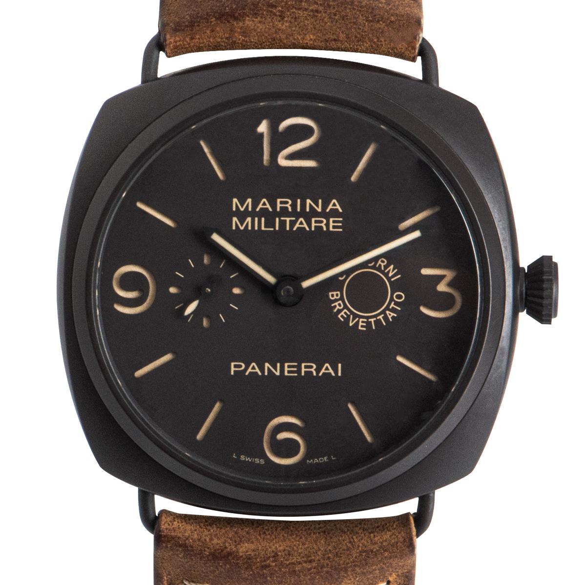 Orologio da polso da uomo Radiomir Composite Marina Militare 8 Giorni PAM00339, quadrante marrone con numeri arabi e indici a bastoni, piccoli secondi a ore 9, cinturino in pelle di vitello marrone con fibbia ad ardiglione composita, vetro zaffiro,