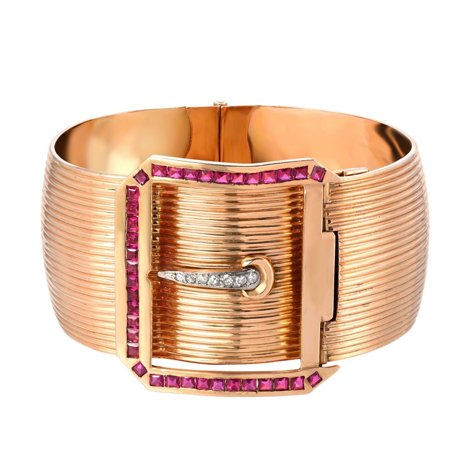  Retro Diamonds and Rubies Buckle  18K Pink Gold  Bangle   For Sale