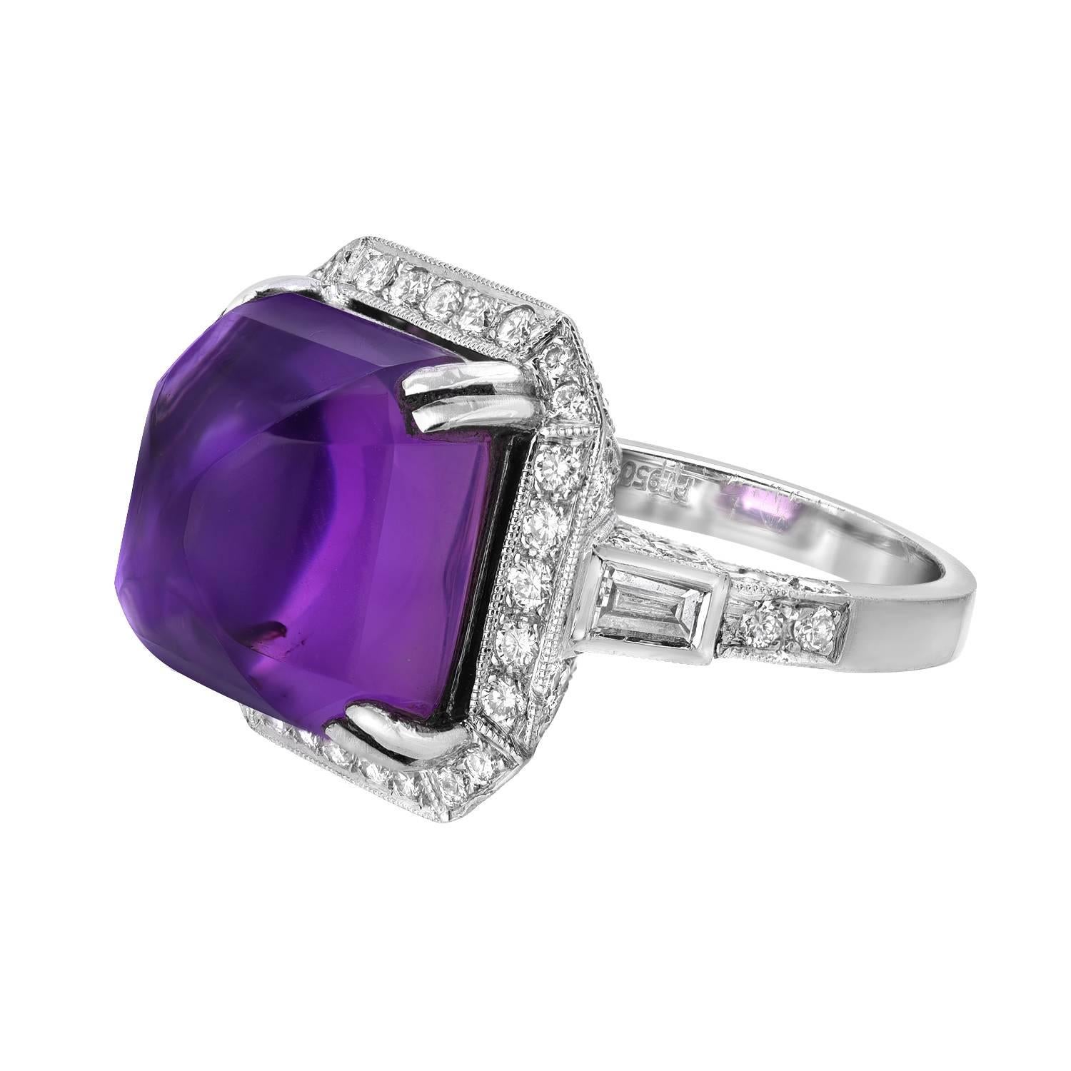 Set with a sugarloaf cabochon amethyst, in a round diamond frame, gallery, and half-hoop, mounted in platinum

Size 5 1/4

Approximate weight of the amethyst 8.00 carats
Approximate total weight of the diamonds 1.10 carats

