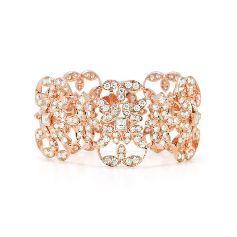 One 18K Rose Gold Kwiat Crochet Bracelet. The total weight of the diamonds is approximately 19.14 carats, and are all GH in color and VS1-SI1 in clarity.