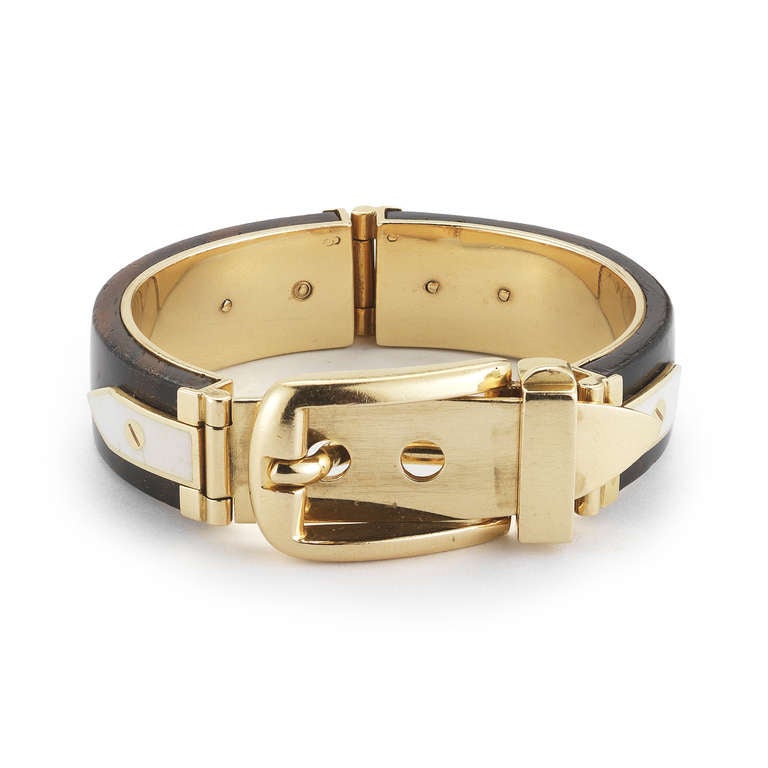 Gucci Wood & Mother of Pearl Gold Buckle Bracelet In Excellent Condition In New York, NY