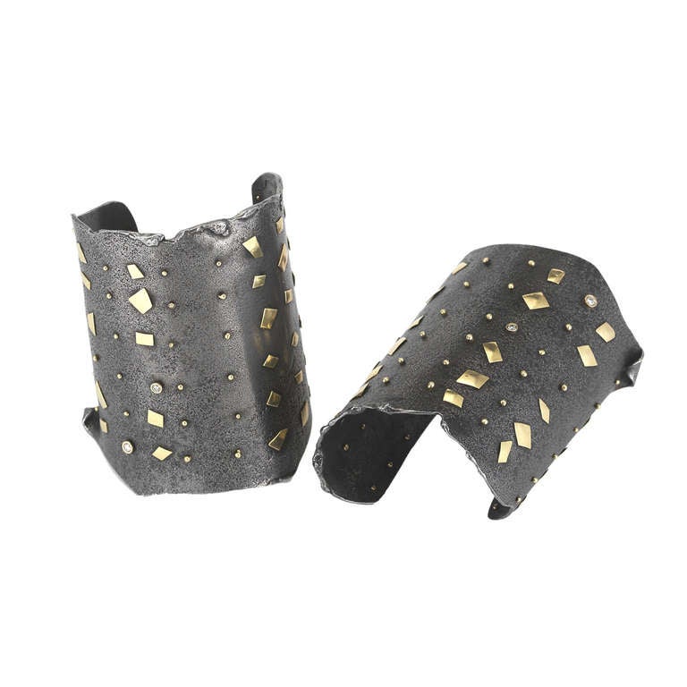 Jaclyn Davidson Modern Steel, Gold & Diamond Pair of Cuff Bracelets