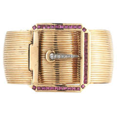18K Pink Gold Buckle Retro Bangle with Diamonds and Rubies 3