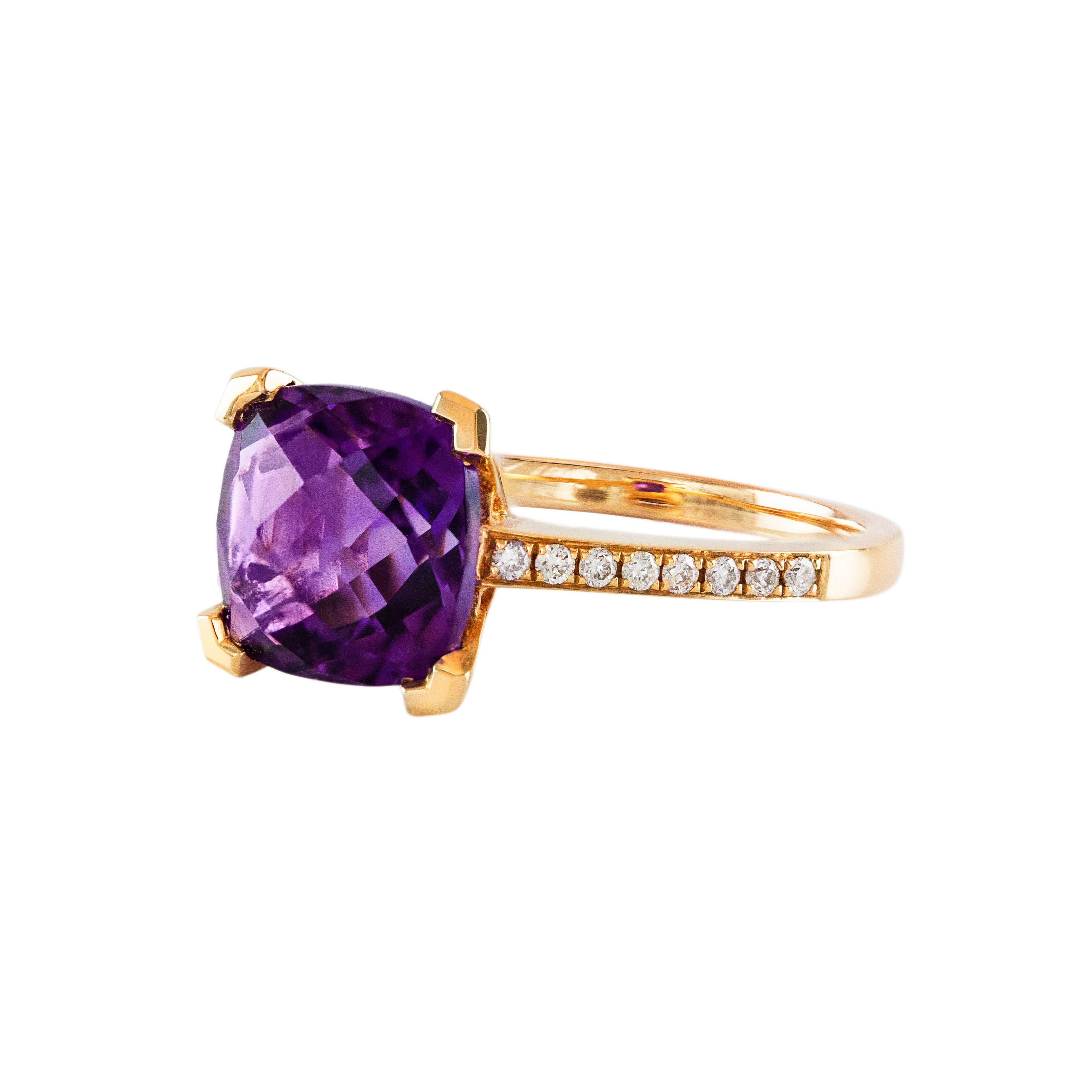 This beautiful set features a cocktail ring with a natural amethyst center stone weighing 3.15 carats. Set on either side of the ring is 0.13 carats of brilliant round diamonds. Made in 18k rose gold. Size 6 3/4 US (sizable).

This ring is part of a