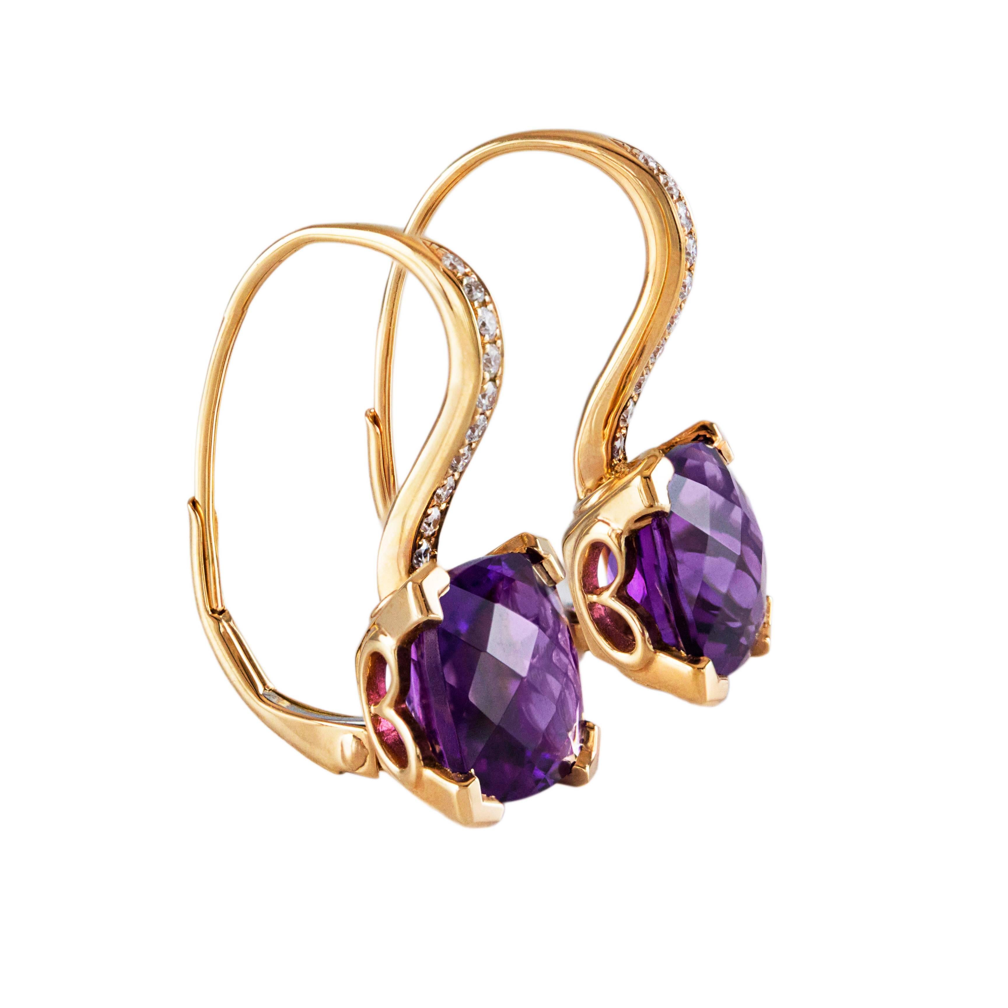 Natural Amethyst Diamond Rose Gold Lever-Back Earrings In New Condition In New York, NY