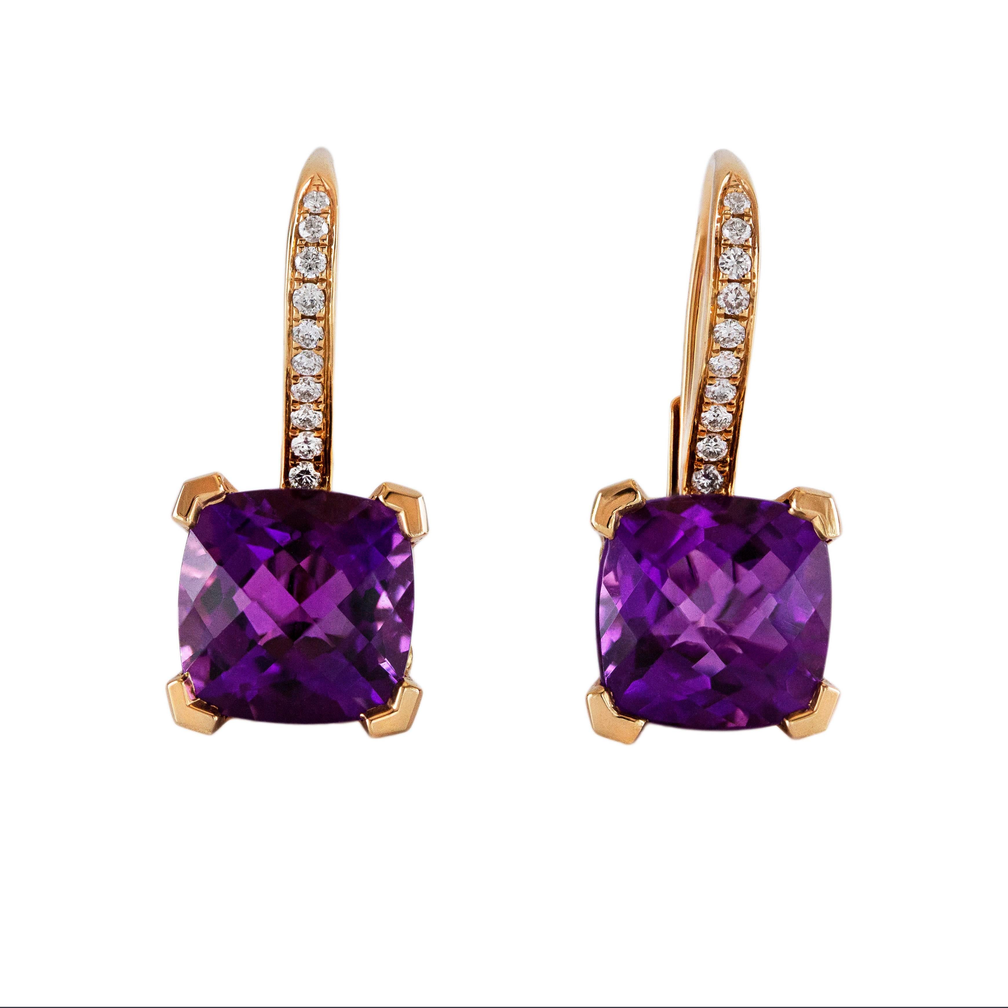 This beautiful pair of earrings feature 2 Natural Amethyst stones that weigh 5.99 carats total. The amethysts have a deep purple color and is eye clean. The earrings are also set with 0.15 carats of brilliant round diamonds. Made in 18k rose gold. A