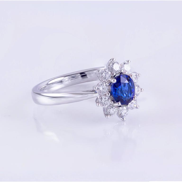 Blue Sapphire Diamond White Gold Flower Cluster Ring For Sale at ...