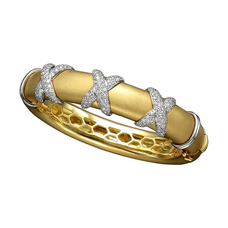 Triple Cross Diamond Yellow Gold Bangle Bracelet For Sale at 1stDibs