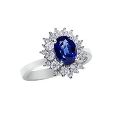 2.09 Carat Blue Sapphire Diamond Gold Flower Halo Ring