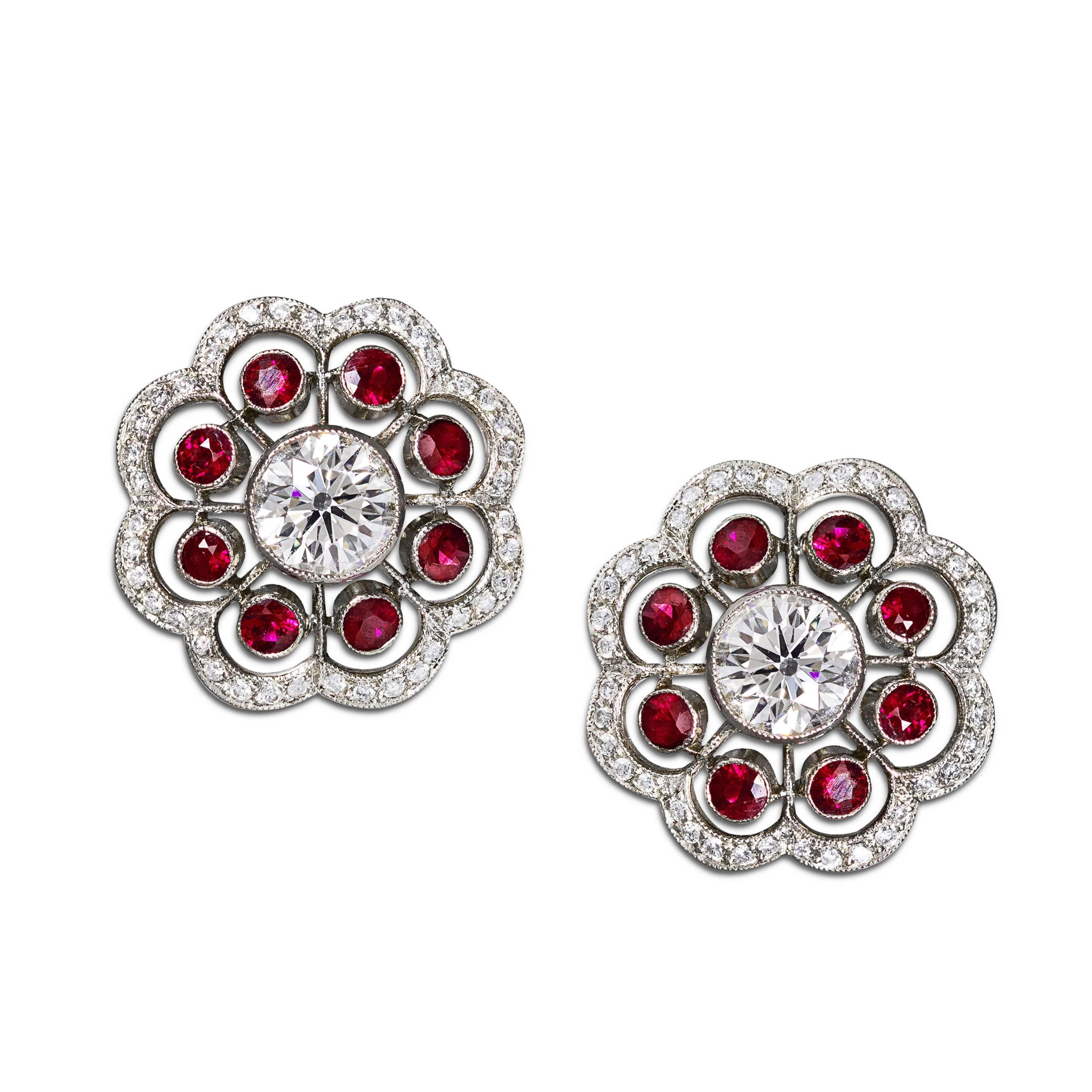 Roman Malakov 4.13 Carats Total Ruby and Diamonds Floral Motif Stub Earrings For Sale