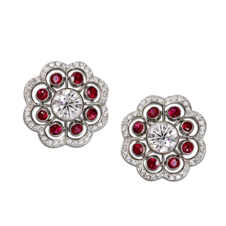 Ruby and Diamond Platinum Floral Motif Stud Earrings For Sale at 1stDibs