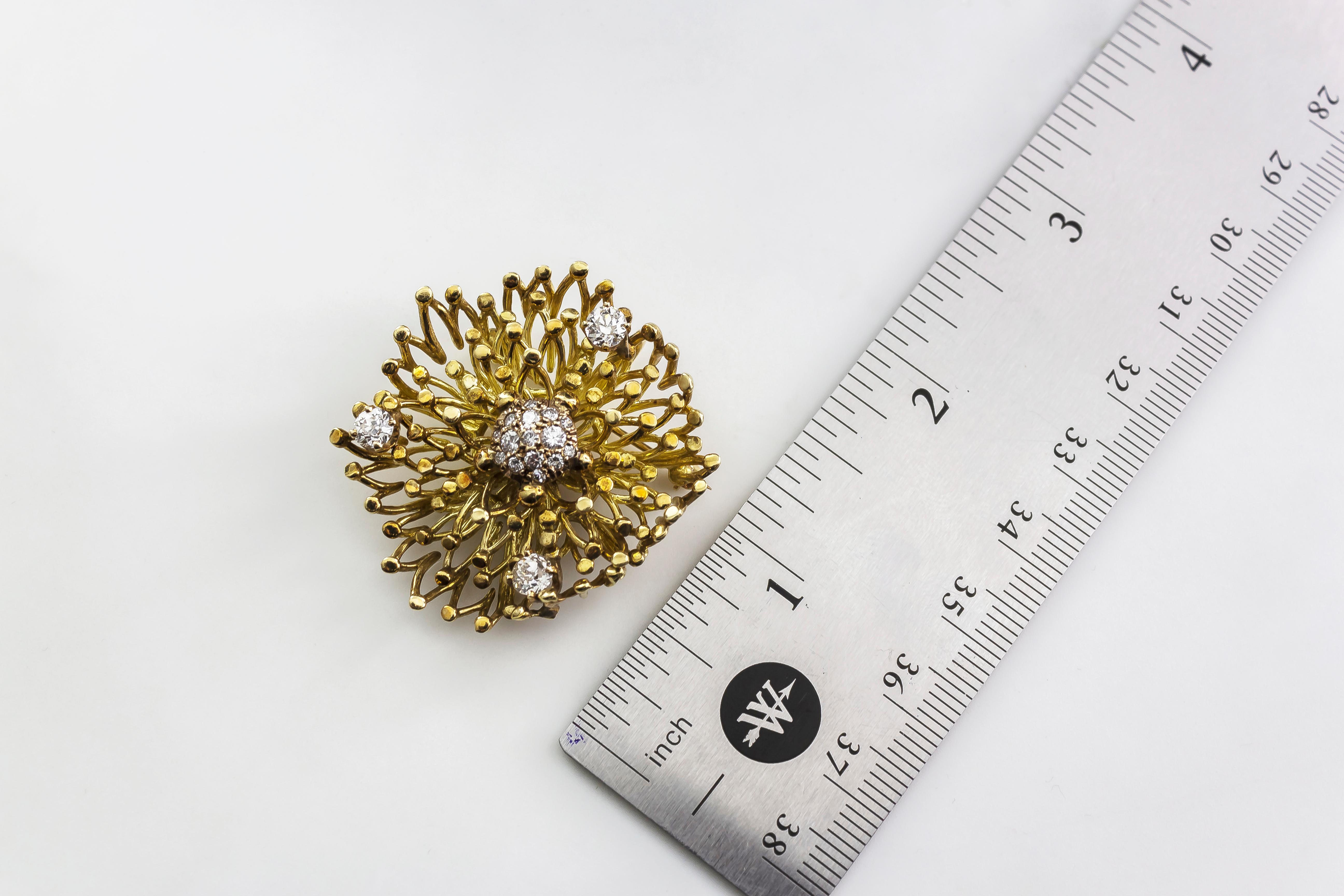 Women's Antique 18 Karat Yellow Gold with Cluster of Old European Cut Diamond Brooch For Sale