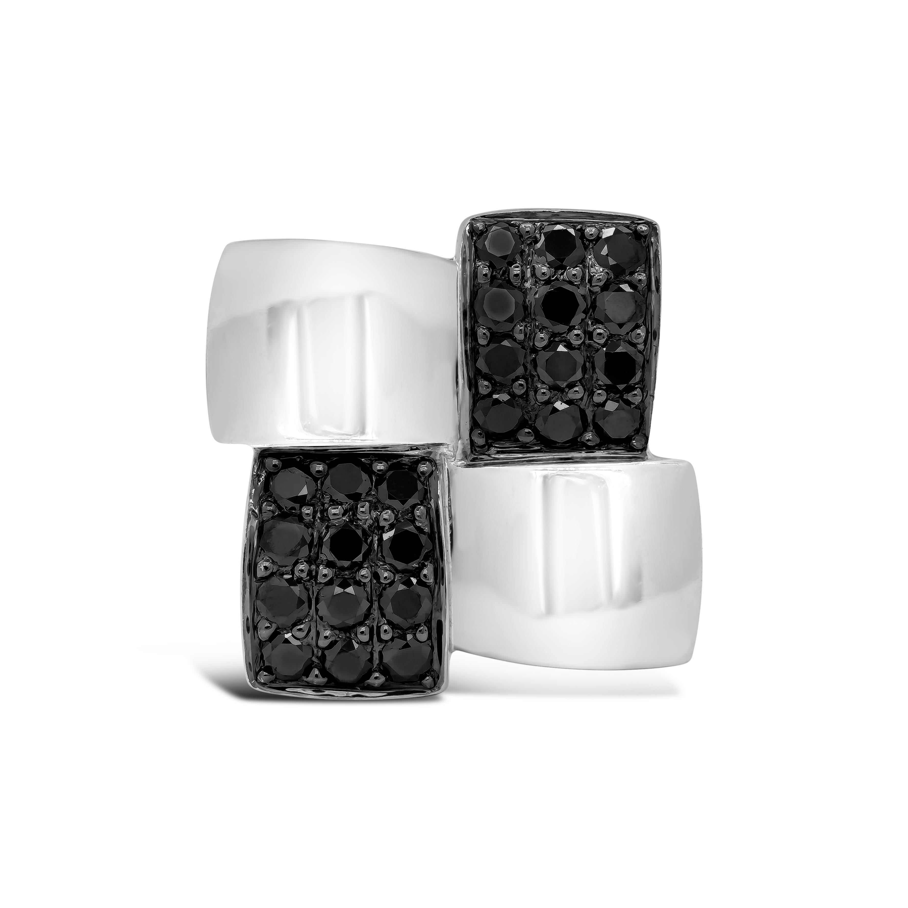 Whale back cufflinks showcasing a square face encrusted with black diamonds. Black diamonds weigh 0.72 carats total. Made in 14 karat white gold.

