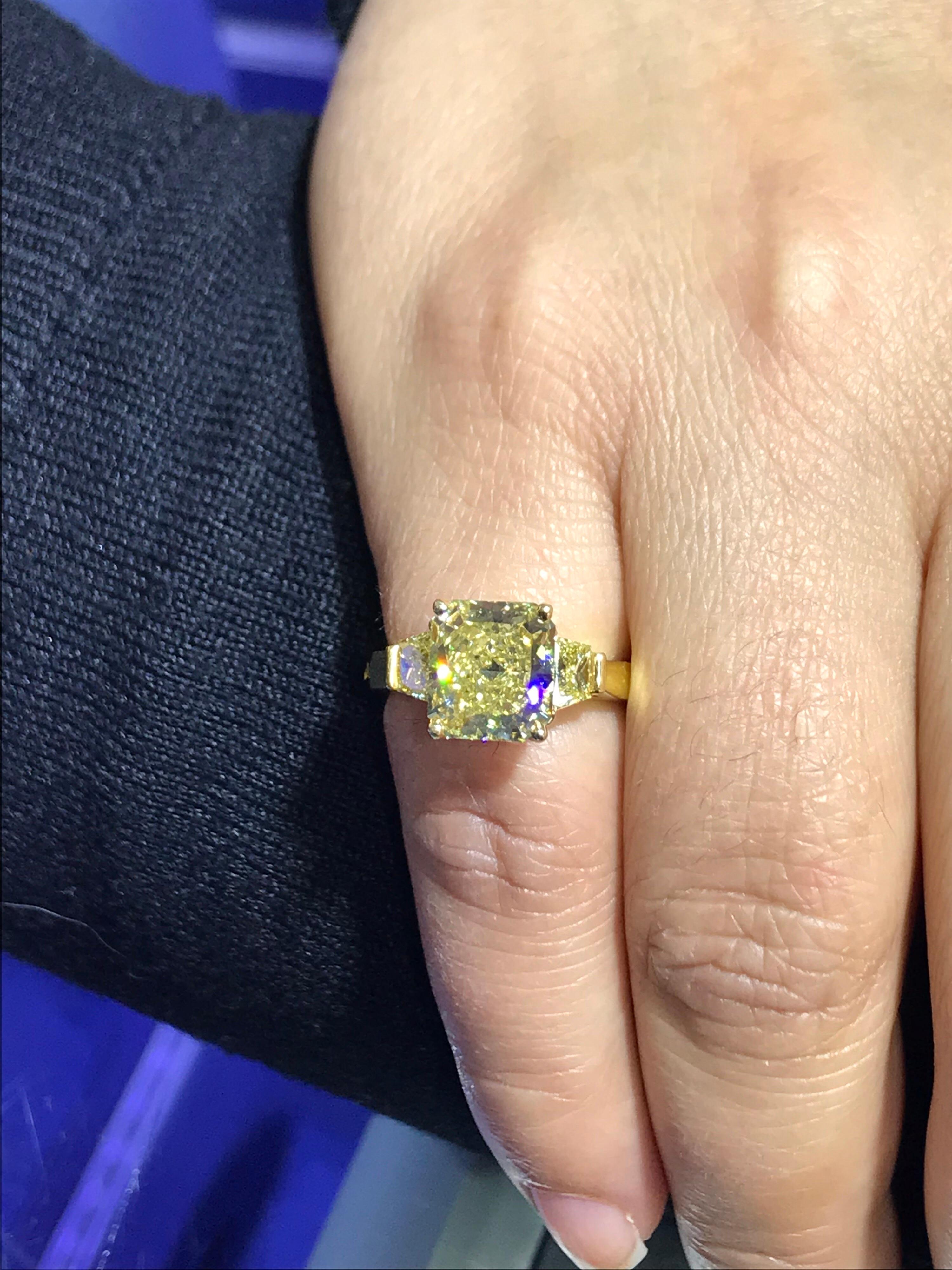 Modern Roman Malakov, Radiant Cut Yellow Diamond Three-Stone Engagement Ring
