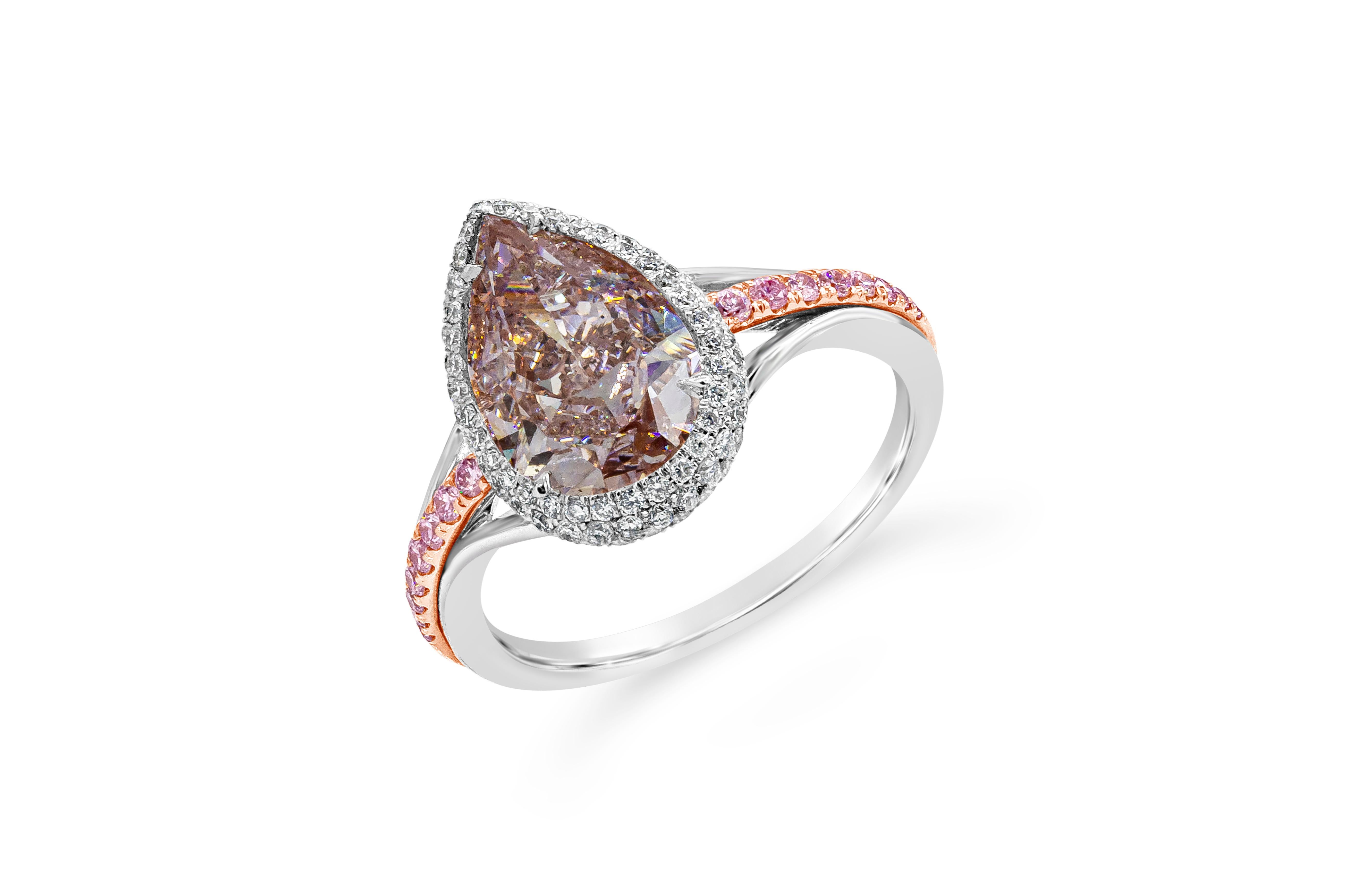 Women's Roman Malakov GIA Certified 3.04 Carat Pear Shape Pink Diamond Halo Ring