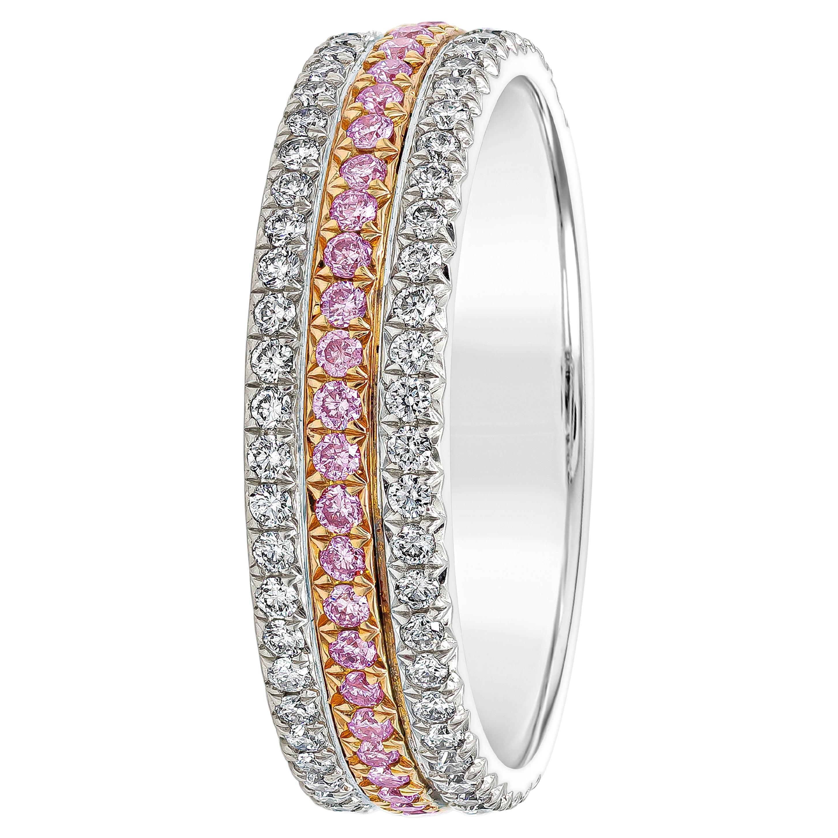 Pink and White Diamond Three-Row Wedding Band