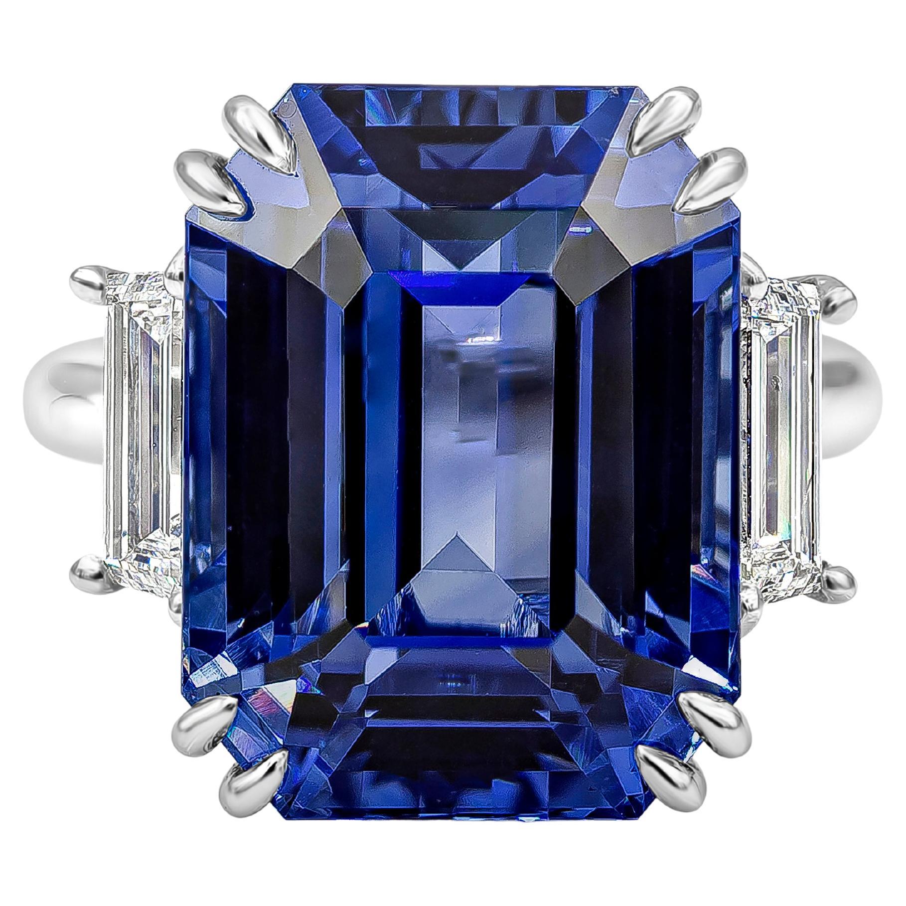 26.14 Carats Emerald Cut Ceylon Blue Sapphire & Diamond Engagement Ring