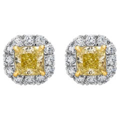 GIA Certified 1.02 Carats Radiant Cut Fancy Intense Yellow Diamond Stud Earrings