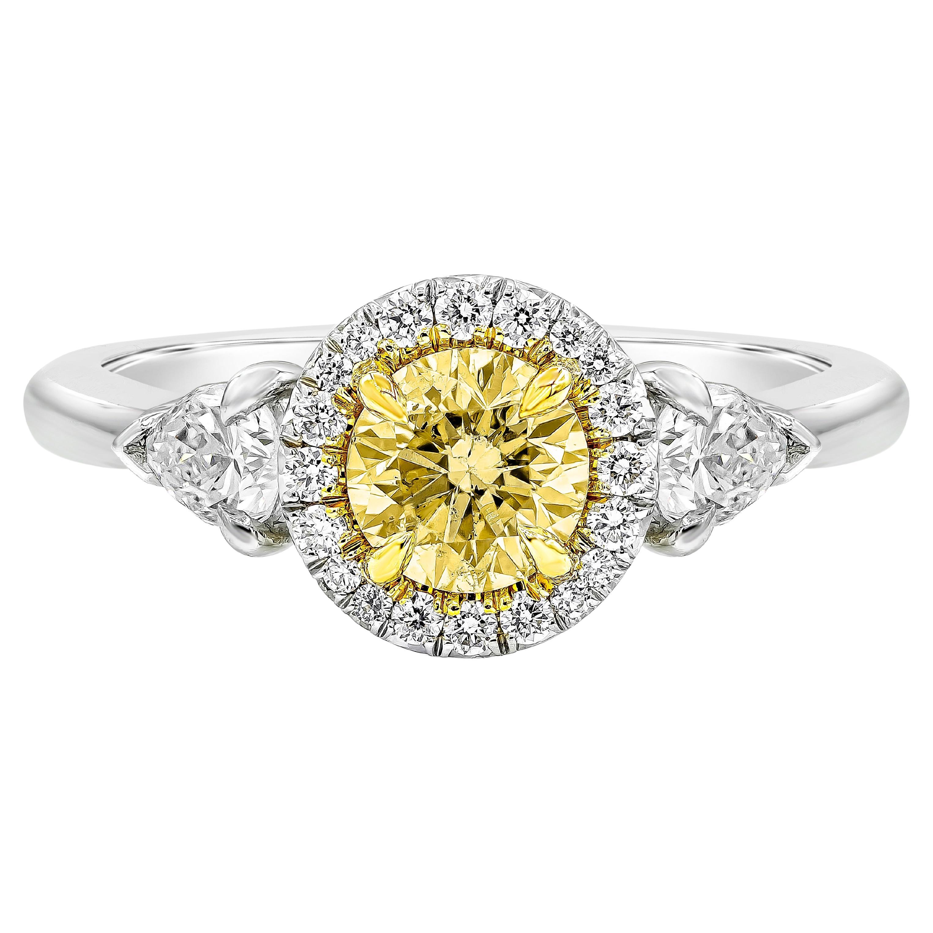 GIA Certified 0.50 Carat Yellowish Diamond Halo Three-Stone Engagement Ring