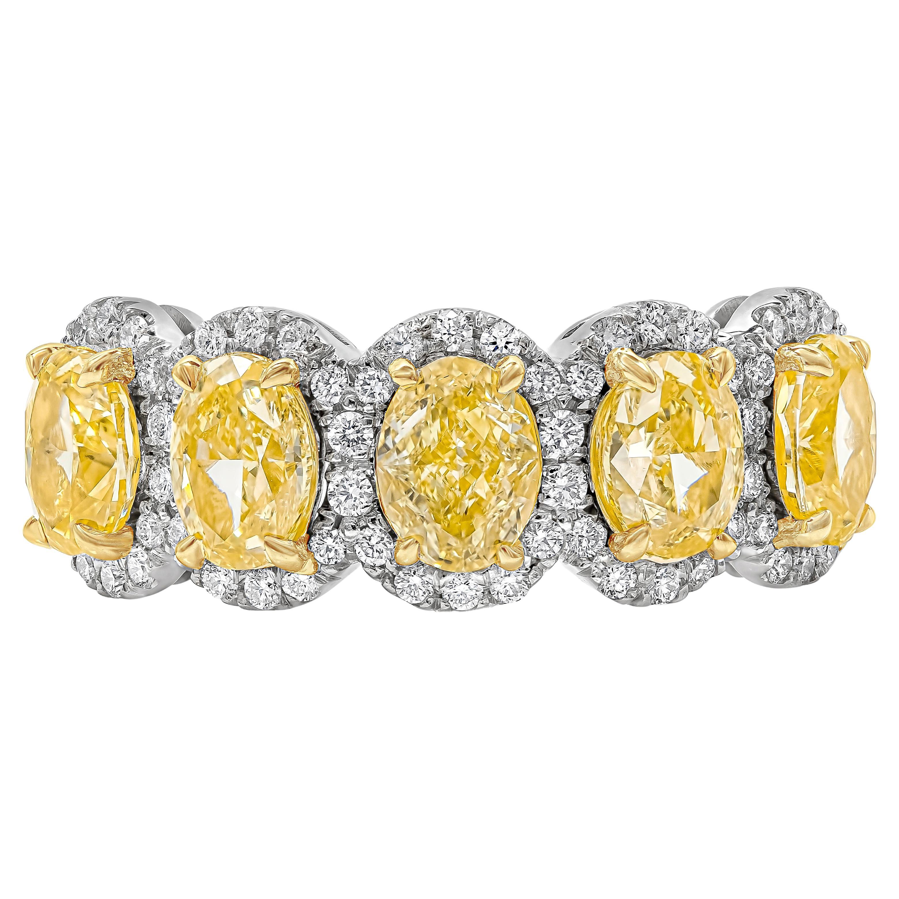 Roman Malakov 2.51 Carats Oval Cut Intense Yellow Diamond Five-Stone Band For Sale