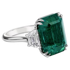 Roman Malakov 14.30 Carat Emerald Cut Green Emerald Three-Stone Engagement Ring