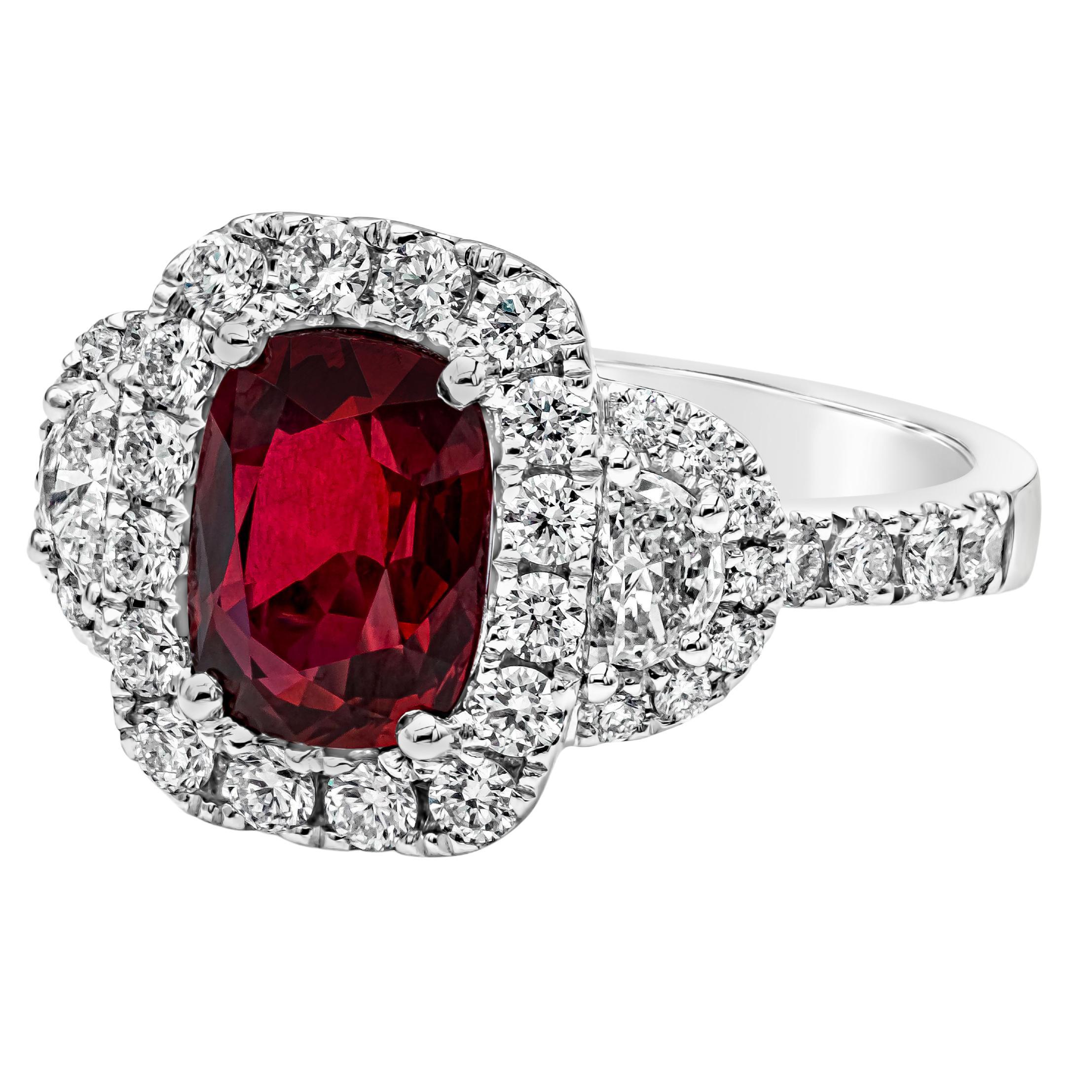 GRS Certified 2.32 Carats Cushion Cut Ruby & Diamond Three-Stone Engagement RIng For Sale