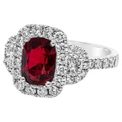 Bague de fiançailles à trois pierres certifiée GRS de 2,32 carats, rubis et diamants taille coussin