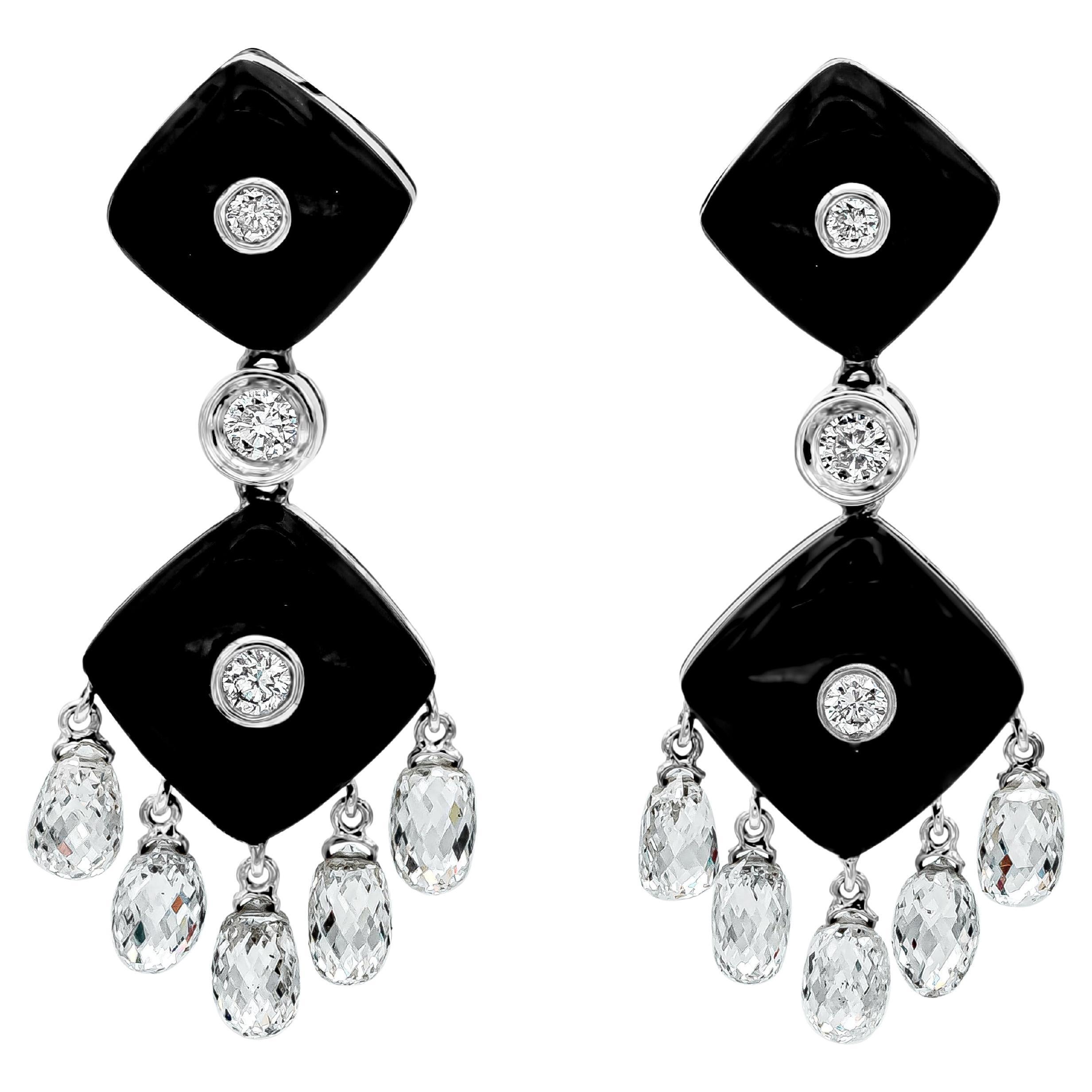 7.50 Carats Total Black Onyx with Briollete Cut Diamonds Fashion Drop Earrings For Sale