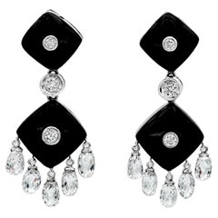 7,50 Karat insgesamt schwarzer Onyx mit Diamanten im Briollete-Schliff, Mode-Tropfen-Ohrringe