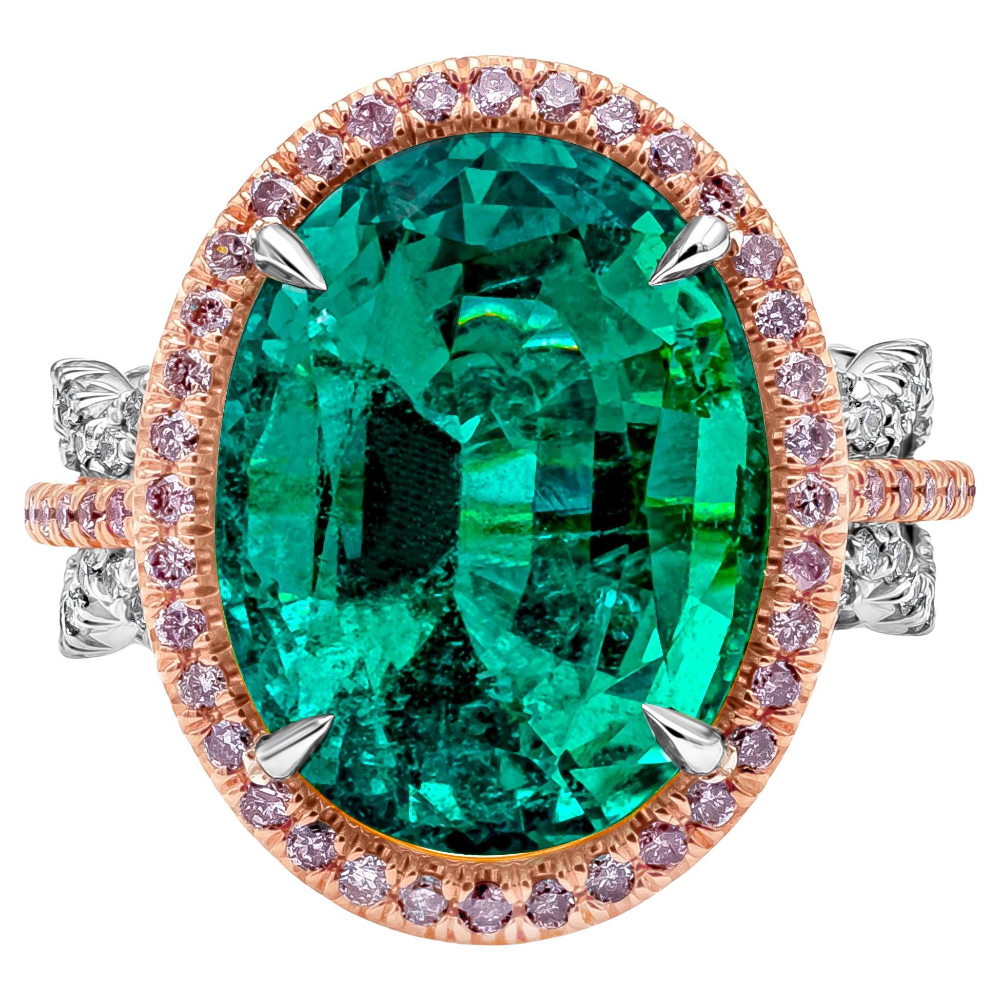 Roman Malakov 9.61 Carats Oval Cut Green Emerald Halo Cocktail Fashion Ring For Sale