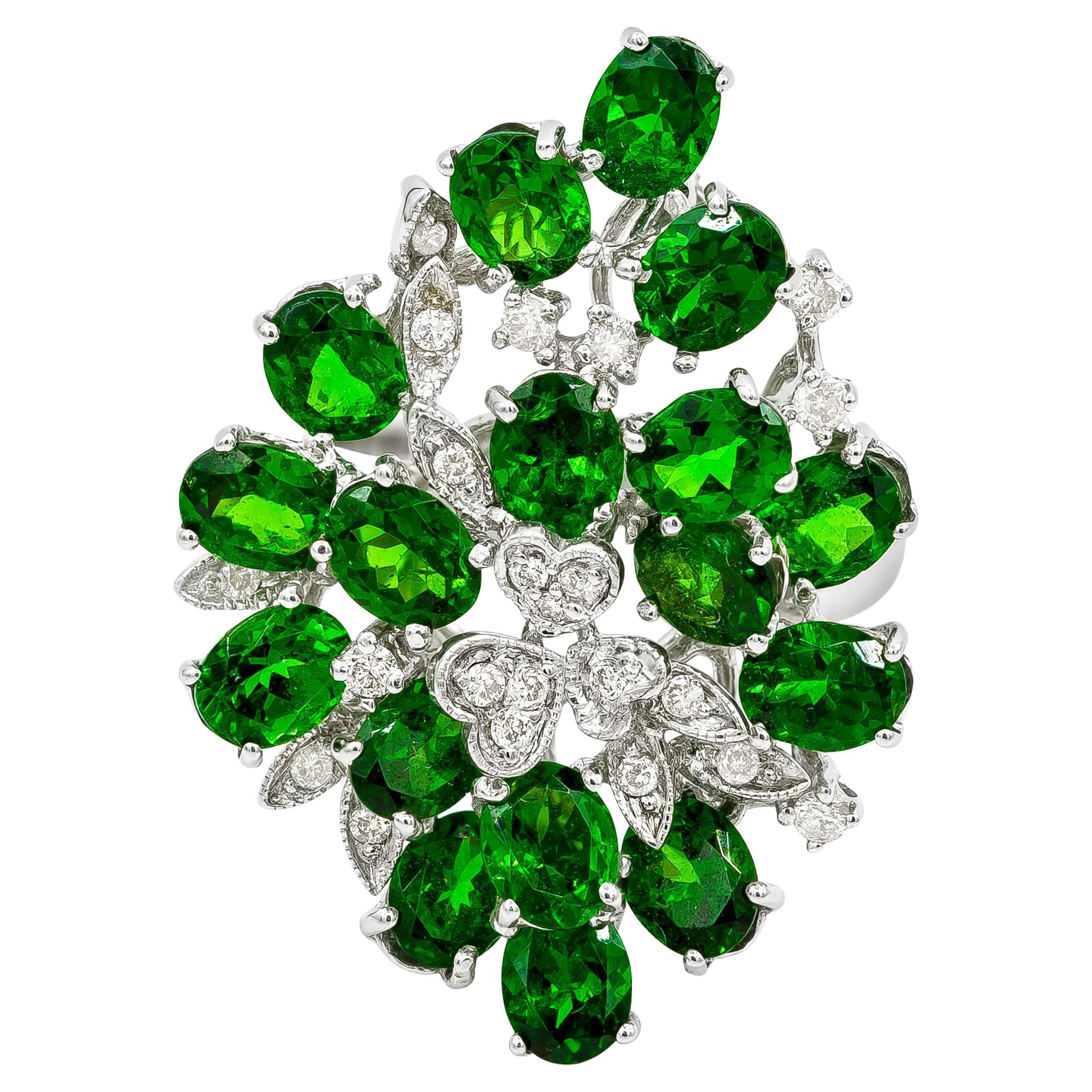 6.55 Carats Oval Cut Tsavorite with Brilliant Round Diamonds Cocktail Ring  For Sale