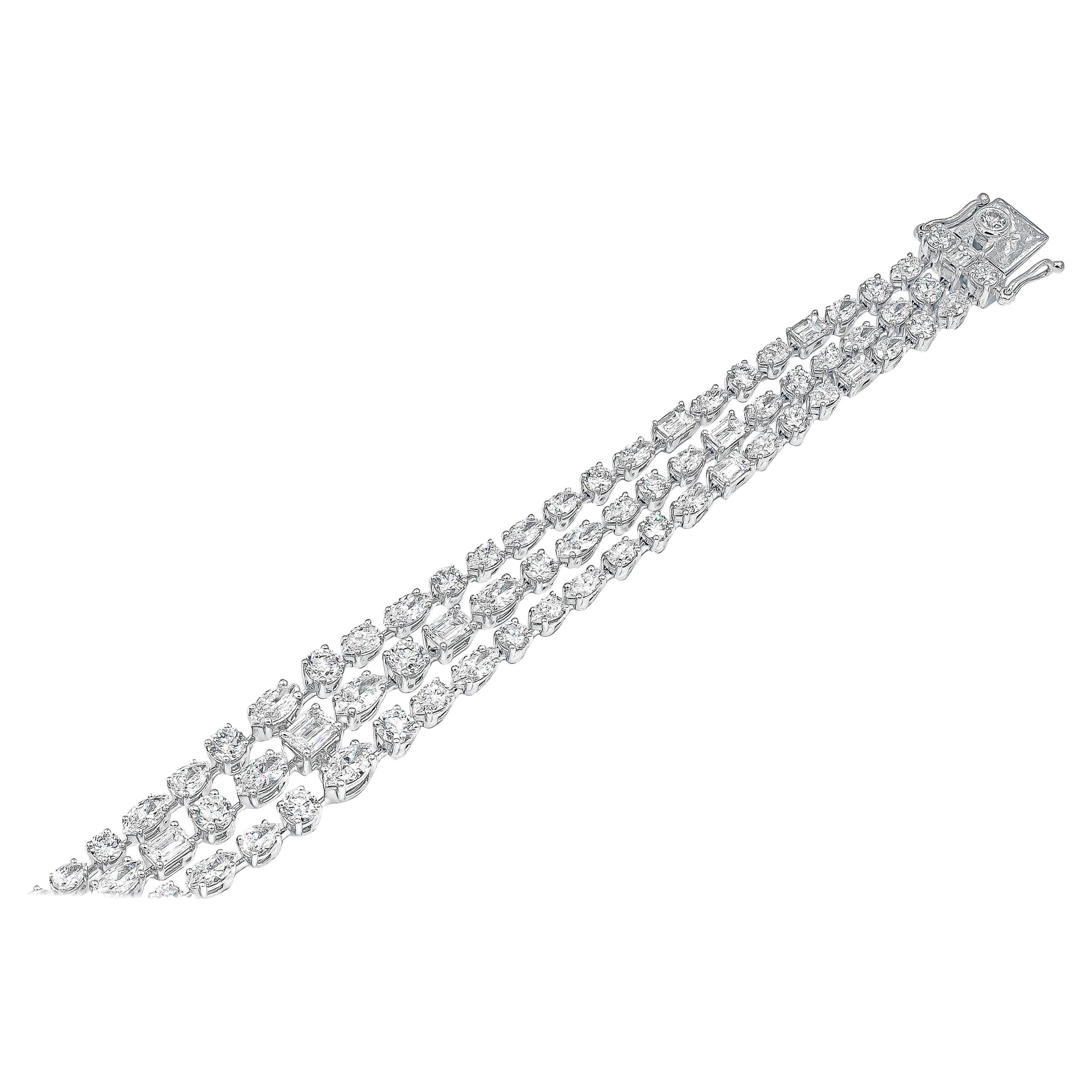 Roman Malakov 12.03 Carat Total Three Row Mixed Cut Graduating Diamond Bracelet For Sale