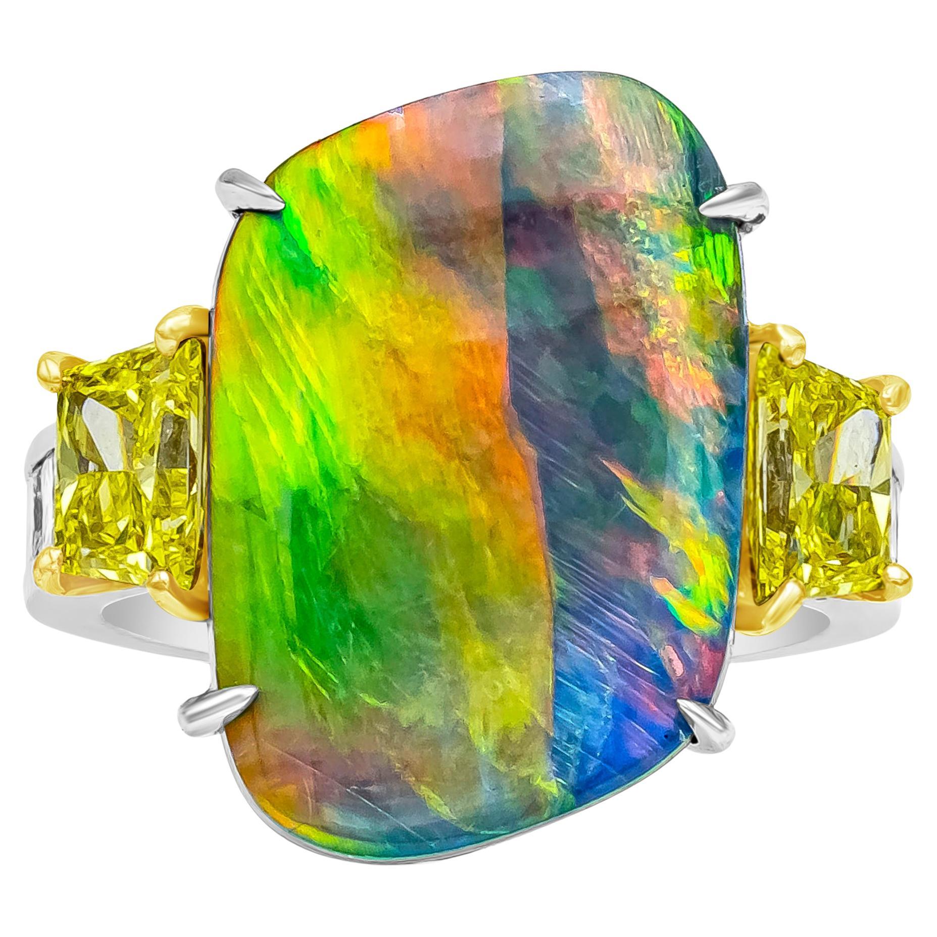 GIA Certified 8.12 Carat Total Fancy Yellow Diamond & Black Australian Opal Ring For Sale