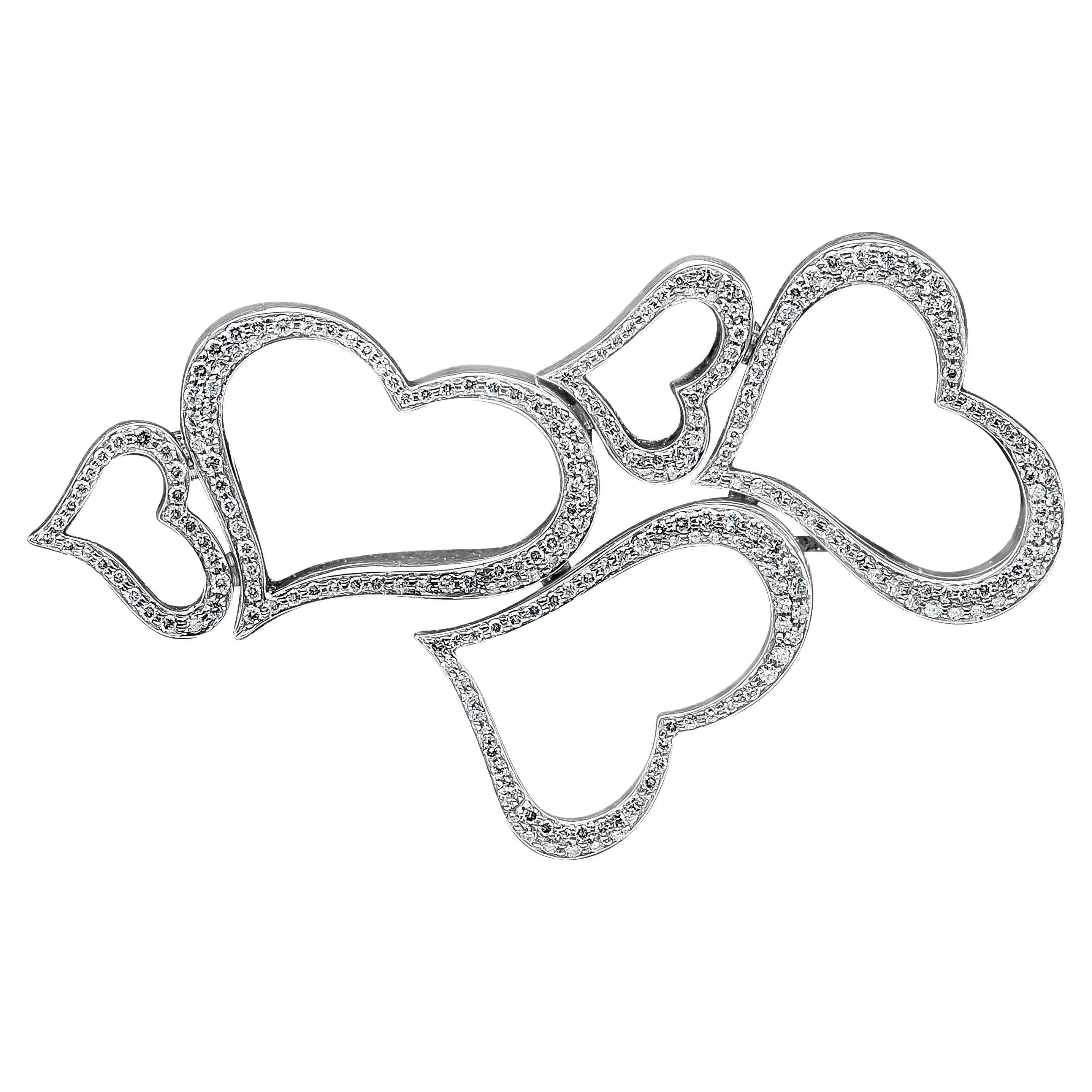 Piaget 2.30 Carats Total Round Brilliant Cut Diamond Heart Brooch In White Gold For Sale
