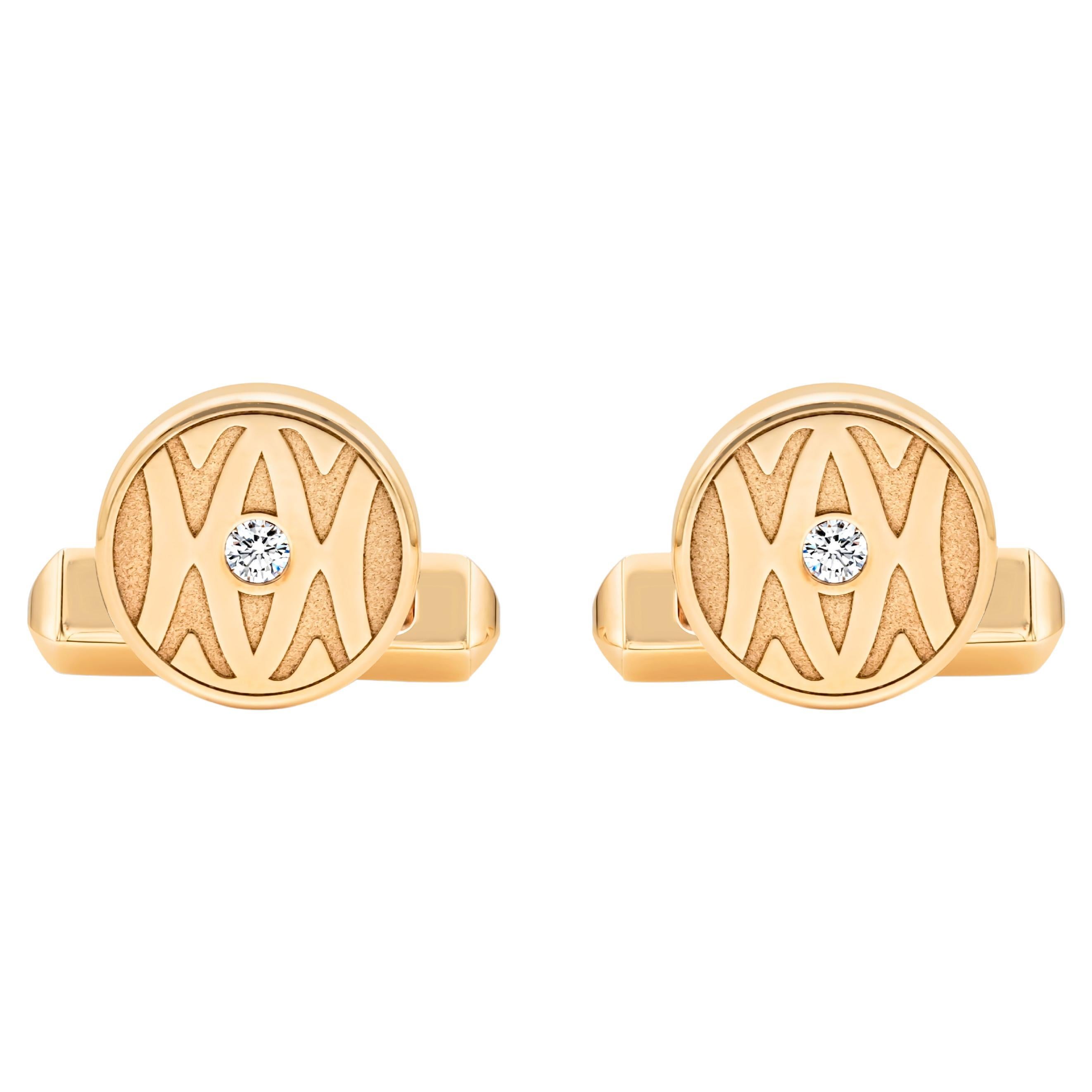 Cartier 18K Brushed Yellow Gold Round Diamond Signed Cufflinks For Sale