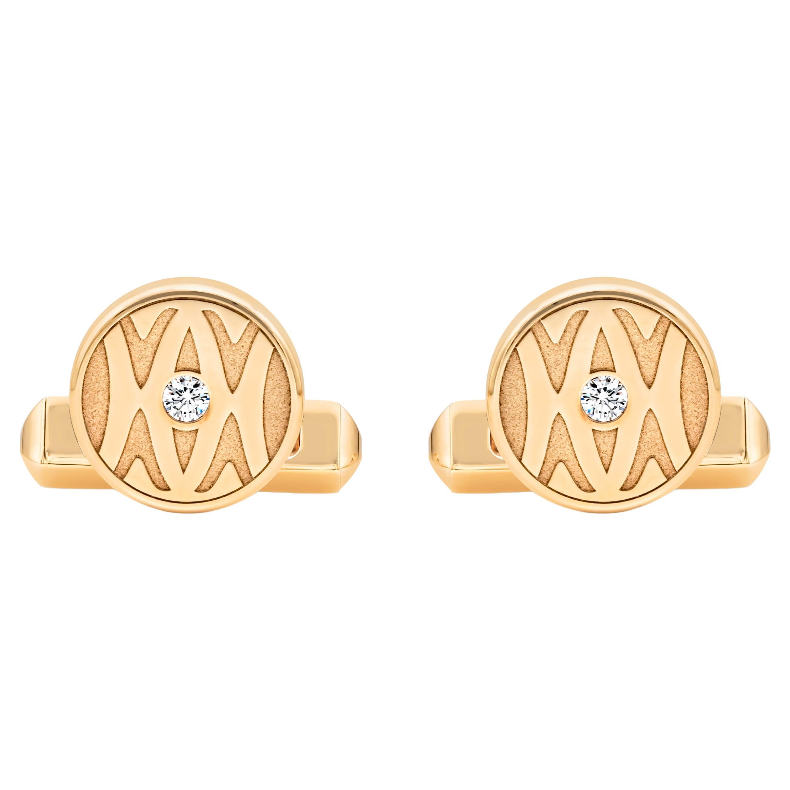 Cartier 18K Brushed Yellow Gold Round Diamond Signed Cufflinks