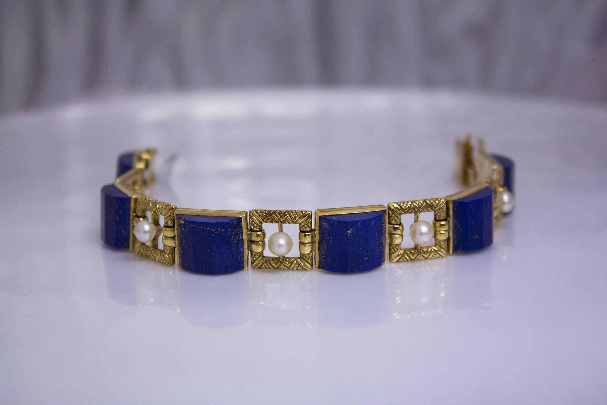 Art Nouveau Antique Lapis Lazuli Natural Pearl Yellow Gold Bracelet For Sale