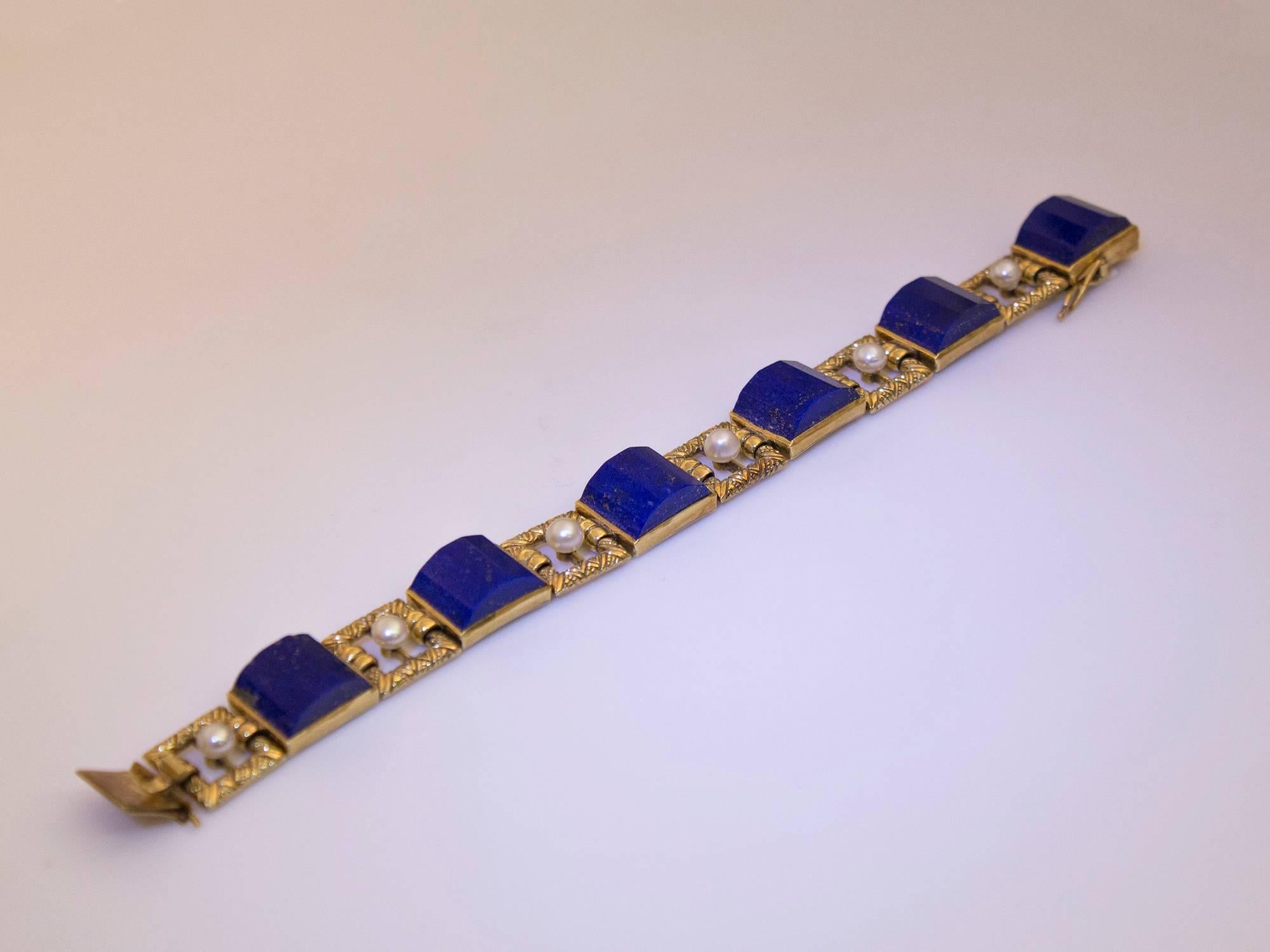 Antique Lapis Lazuli Natural Pearl Yellow Gold Bracelet For Sale 1