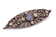 Antique Victorian 6.50 Carats Cushion Cut Sapphire & Diamond Gold Brooch