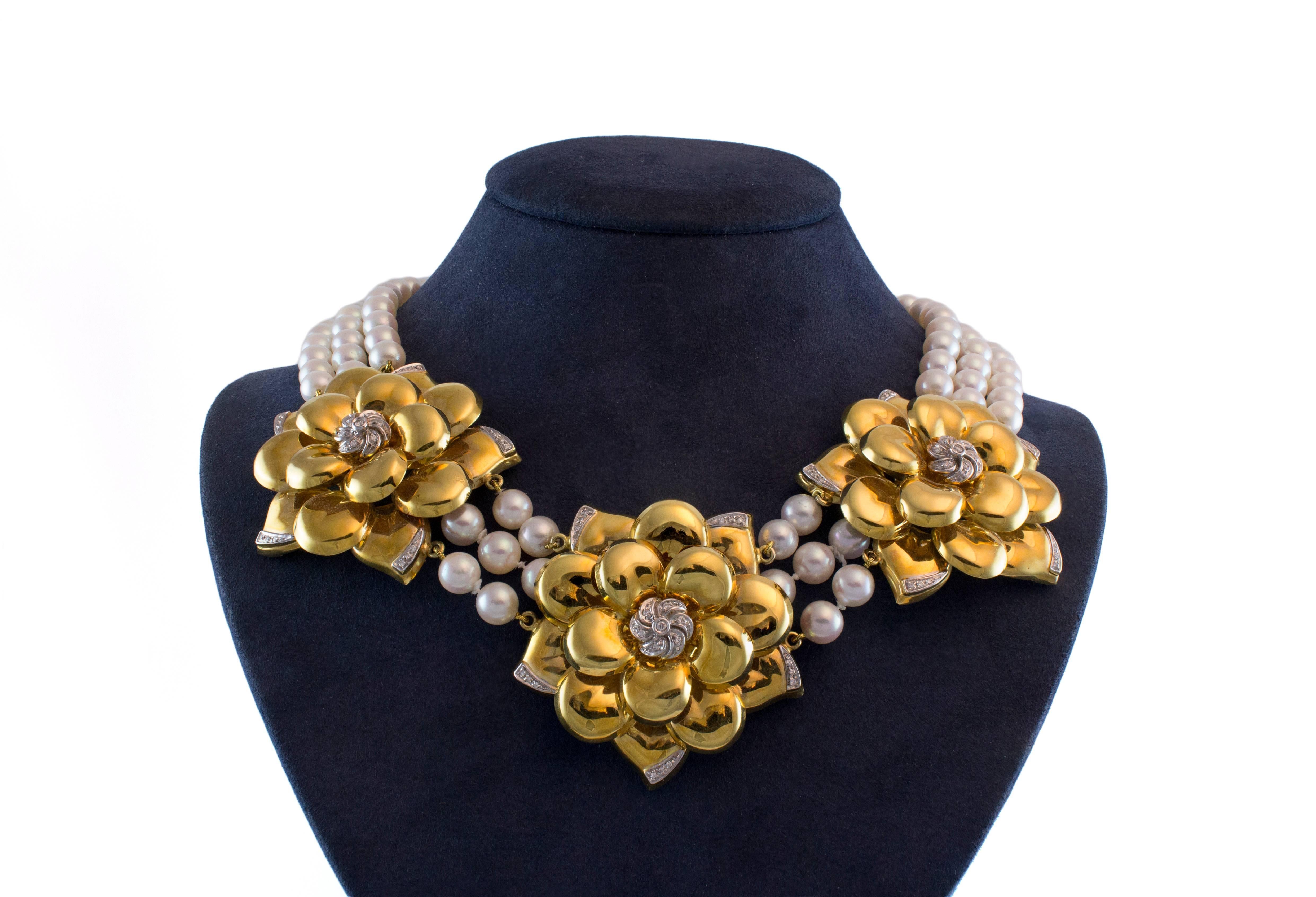 Wempe Diamond and Pearl Gold Flower Necklace 1