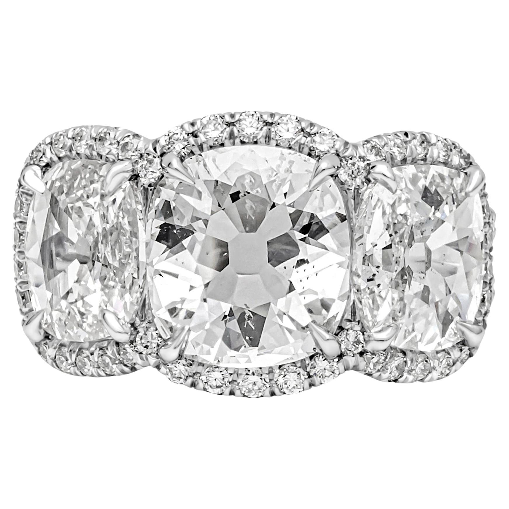 GIA Certified 1.71 Carats Total Cushion Cut Diamond Three-Stone Engagement Ring For Sale