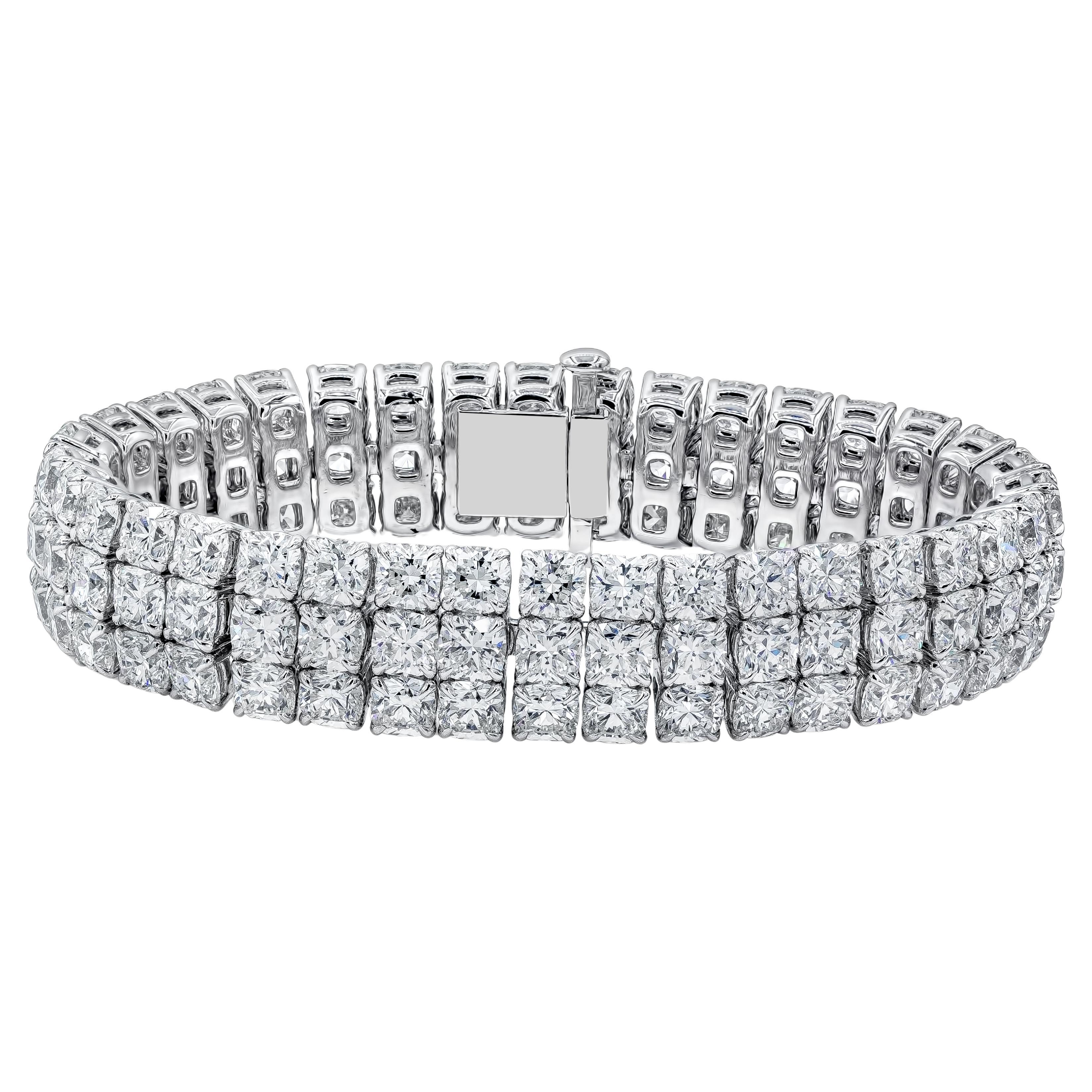 Roman Malakov Dreireihiges Tennisarmband mit 44,30 Karat Diamanten im Kissenschliff im Kissenschliff