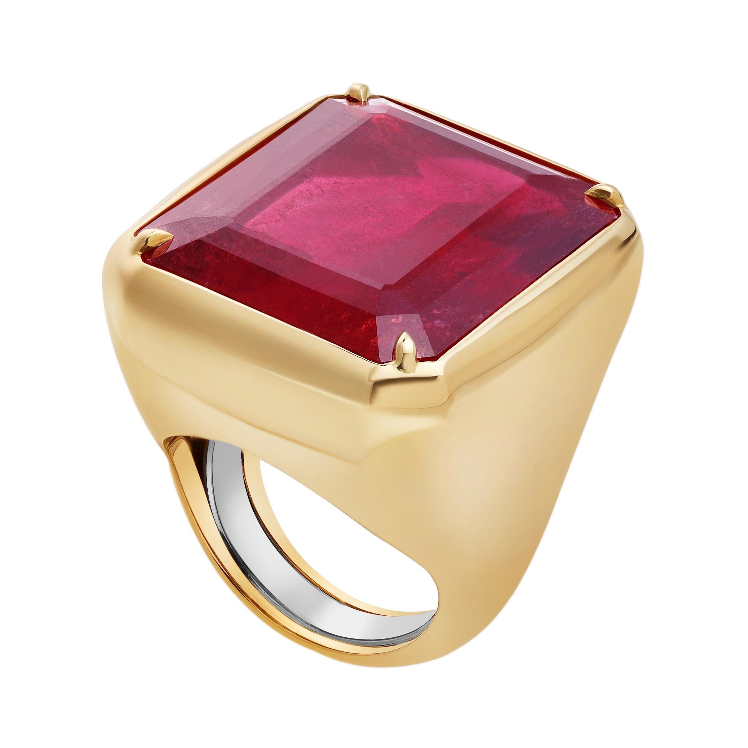 Contemporary 37.37 Carats Emerald Cut Rubellite Tourmaline Cocktail Ring in 18K Yellow Gold For Sale