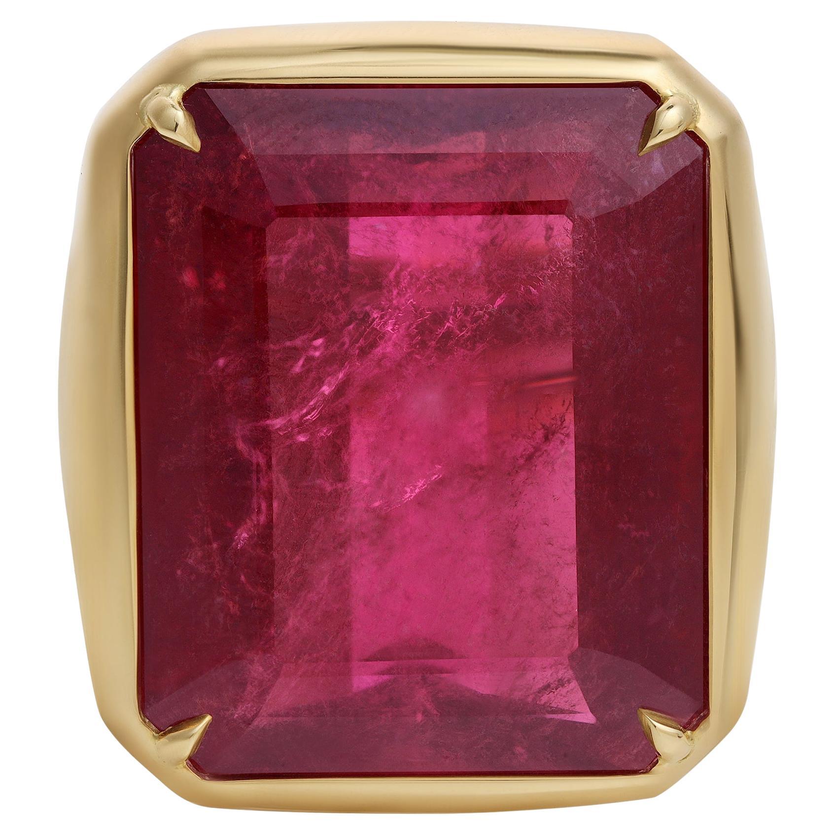 37.37 Carats Emerald Cut Rubellite Tourmaline Cocktail Ring in 18K Yellow Gold For Sale