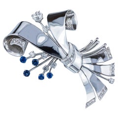 1.50 Carats Total Old European Cut Diamond & Sapphire White Gold Ribbon Brooch