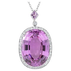 Roman Malakov 236 Carat Oval Cut Kunzite & Diamond Halo Pendant Necklace