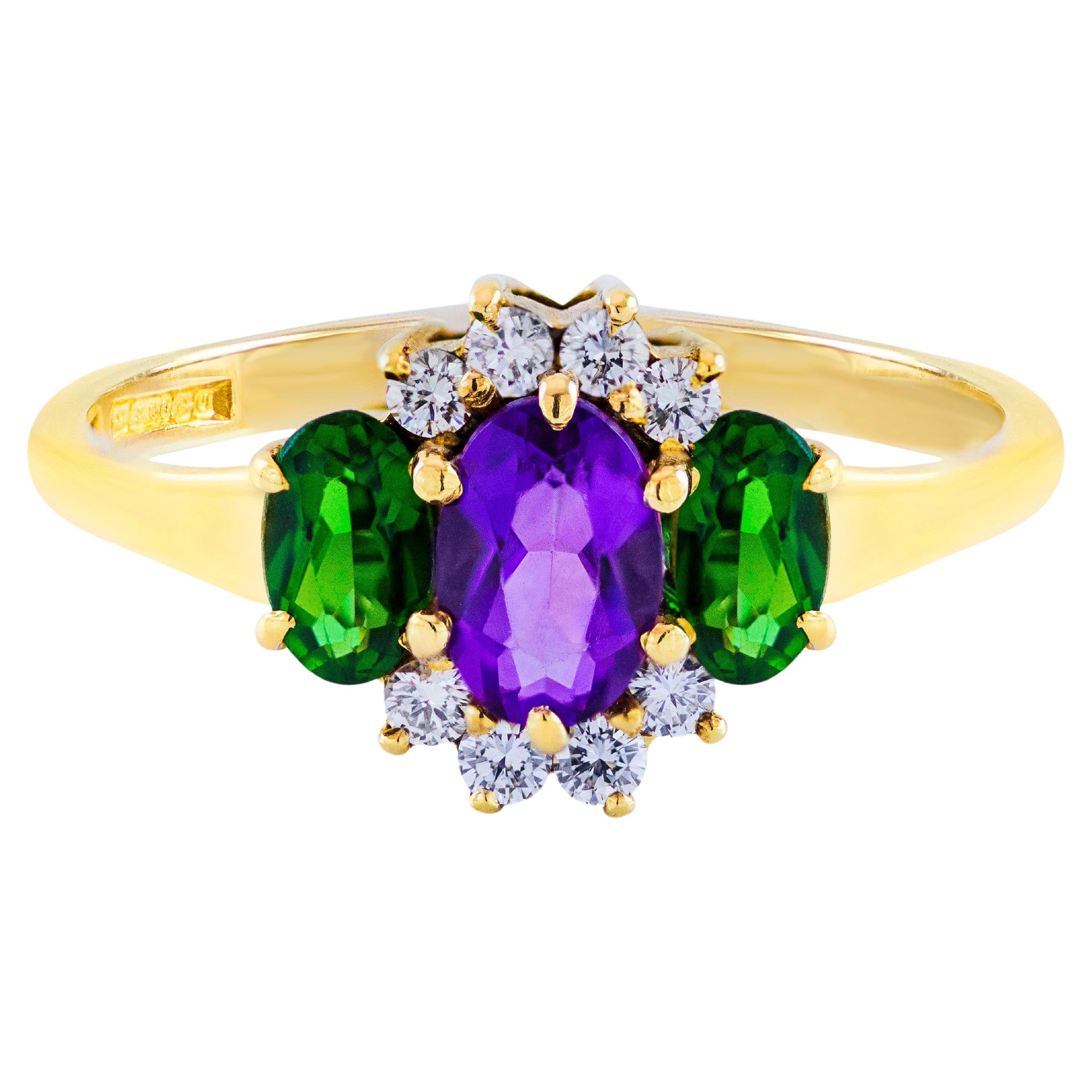 0.45 Carats Amethyst, Tourmaline & Diamond Three Stone Wedding Band For Sale